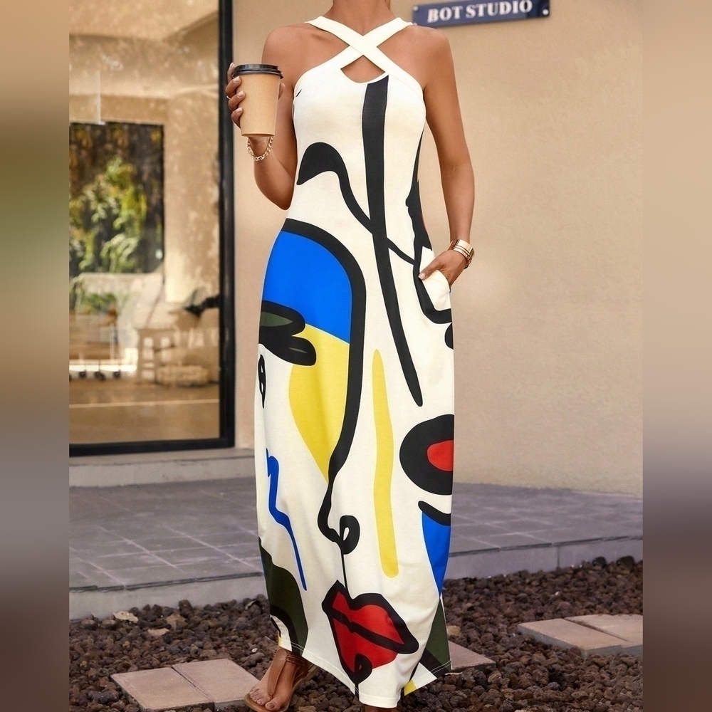 COPY - Summer Casual & Vacation Criss-Cross Neckline Shift Dress - Picture 2 of 4